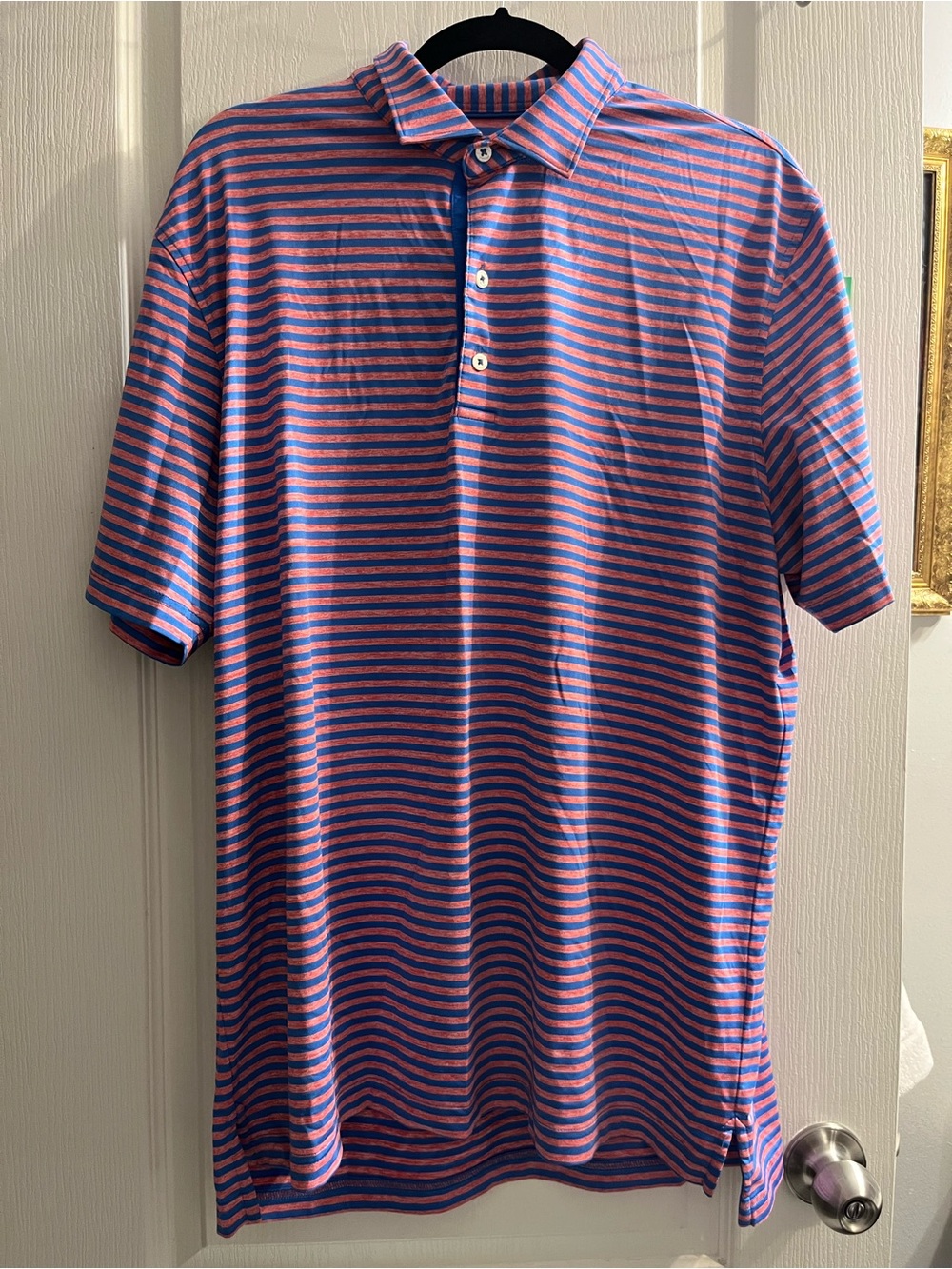 johnnie-O Polo Striped Blue Orange L Short Sleeve Collared Button Men
